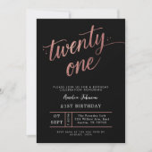 Elegant Black & Rose Gold Script 21st Birthday Einladung (Vorderseite)