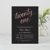 Elegant Black & Rose Gold Script 21st Birthday Einladung (Stehend Vorderseite)