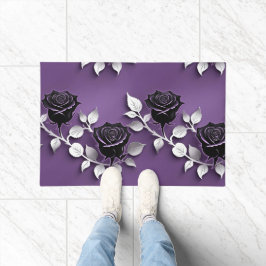 Elegant Black Roses With Silver Leaves Fußmatte