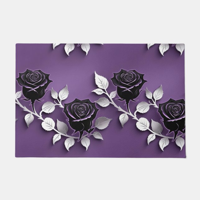Elegant Black Roses With Silver Leaves Fußmatte (Vorderseite)