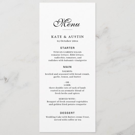 elegant black script white wedding menu card menükarte (Vorderseite)