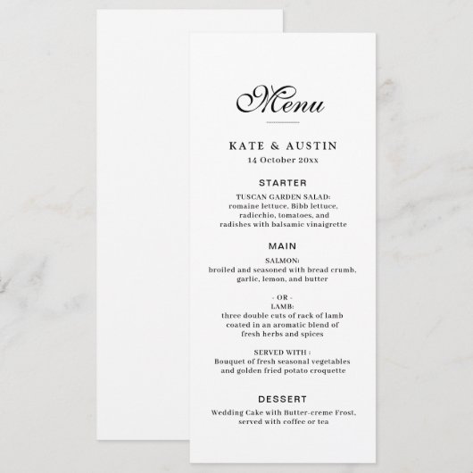 elegant black script white wedding menu card menükarte (Vorne/Hinten)