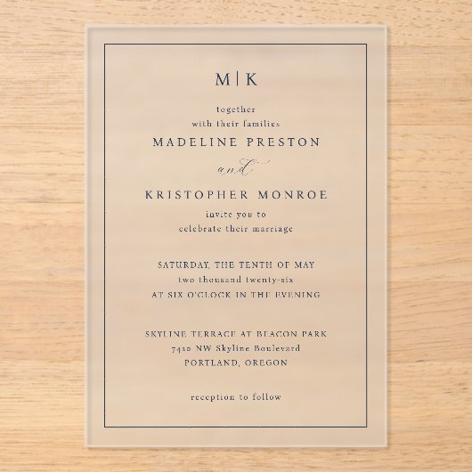 Elegant Black Serif Wedding Invitation Acryleinladungen (Vorderseite)