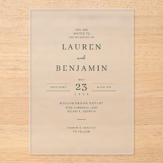 Elegant Black Serif Wedding Invitation Acryleinladungen (Vorderseite)