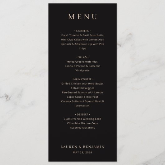 Elegant Black Serif Wedding Menu Menükarte (Vorderseite)