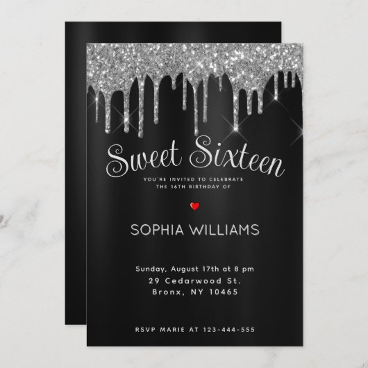 Elegant Black & Silver 16 . Geburtstag Custom Einladung (Vorne/Hinten)