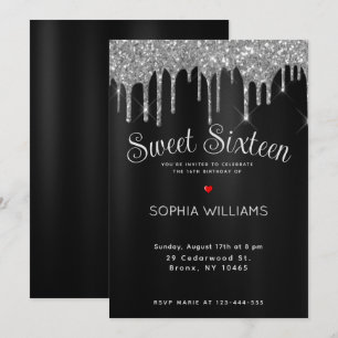 Elegant Black & Silver 16 . Geburtstag Custom Einladung