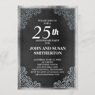 Elegant Black Silver 25. Hochzeitstag Einladung