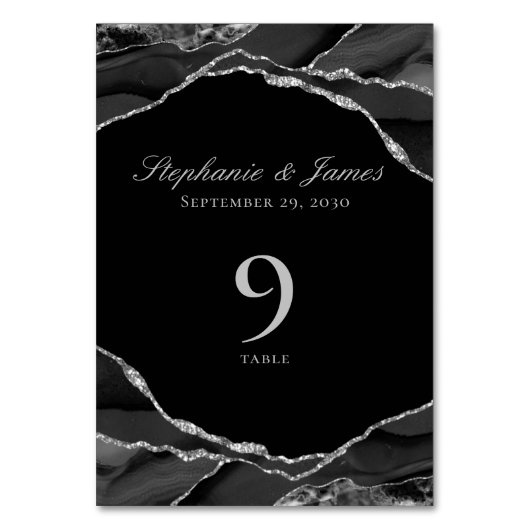Elegant Black Silver Agate Wedding Tischnummer (Vorderseite)