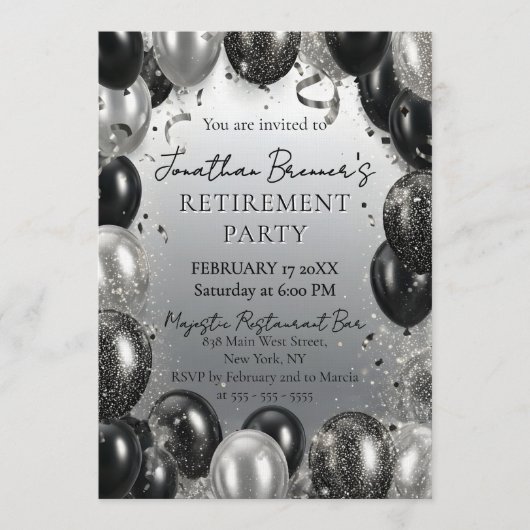 Elegant Black Silver Balloons Retirement Party Einladung (Vorderseite)