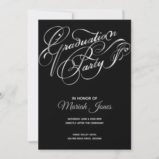 Elegant Black-Silver Calligraphy Graduation Party Einladung (Vorderseite)