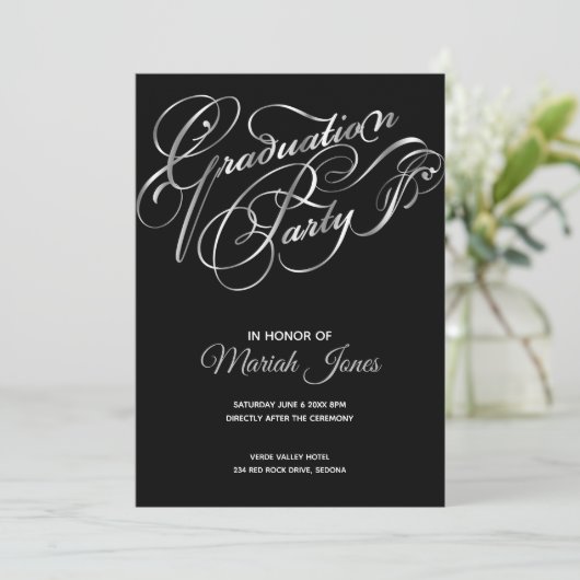 Elegant Black-Silver Calligraphy Graduation Party Einladung (Stehend Vorderseite)