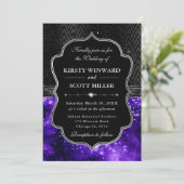 Elegant Black Silver Purple Galaxy Glitter Wedding Einladung (Stehend Vorderseite)