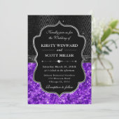Elegant Black Silver Purple Sequin Glitter Wedding Einladung (Stehend Vorderseite)