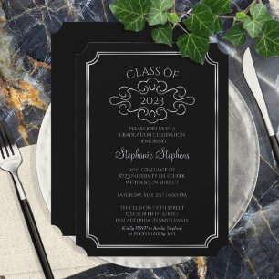 Elegant Black Silver Uni-Abschluss Party Einladung