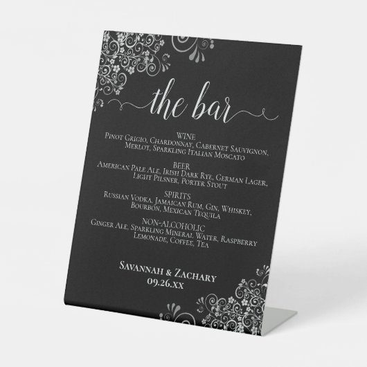 Elegant Black & Silver Wedding Drinks or Bar Menu Sockelschild (Vorderseite)