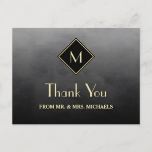 Elegant Black Simple mit Gold Monogram Vielen Dank Postkarte