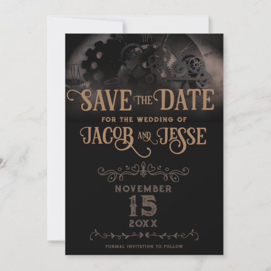 Elegant Black Steampunk Save The Date (Vorderseite)