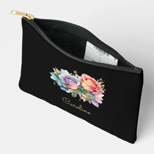 Elegant Black Stylish Floral Boho Niedlich Zubehörtasche (Offen)