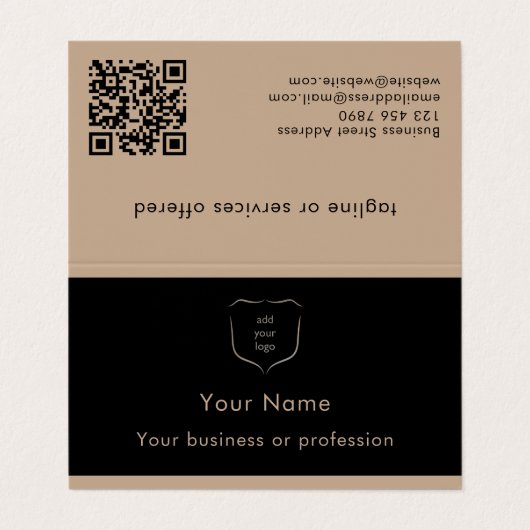 Elegant Black & Tan Logo QR Code Professional Visitenkarten (Außenseite Aufgefaltet)