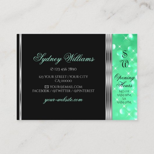 Elegant Black Teal Green Glitter Monogram Silver Visitenkarte (Rückseite)