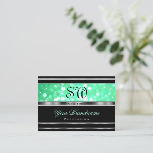 Elegant Black Teal Green Glitter Monogram Silver Visitenkarte (Stehend Vorderseite)