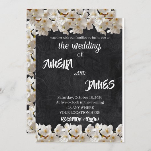 Elegant Black Textured & White Cherry Blossom Einladung (Vorne/Hinten)