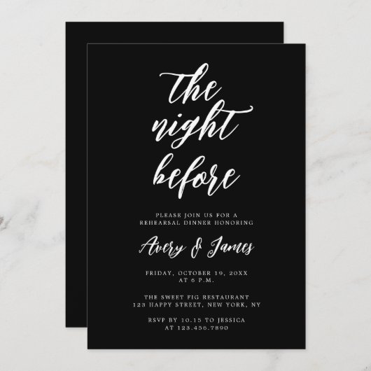 Elegant Black The Night Before Probe Dinner Einladung (Vorne/Hinten)