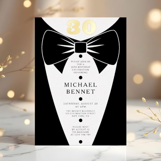Elegant Black Tuxedo 30th Birthday Gold Foil Folieneinladung