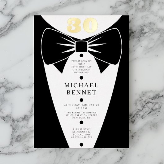 Elegant Black Tuxedo 30th Birthday Gold Foil Folieneinladung