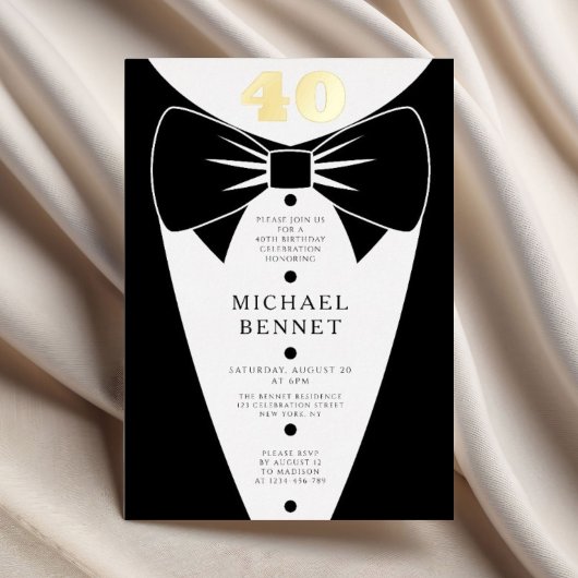 Elegant Black Tuxedo 40th Birthday Gold Folieneinladung