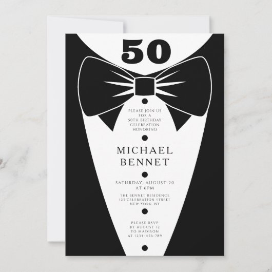 Elegant Black Tuxedo 50th Birthday Einladung (Vorderseite)