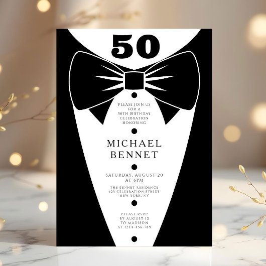 Elegant Black Tuxedo 50th Birthday Einladung
