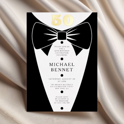 Elegant Black Tuxedo 50th Birthday Gold Folieneinladung