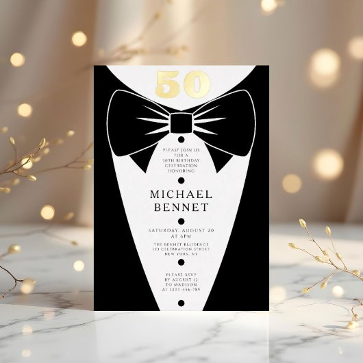 Elegant Black Tuxedo 50th Birthday Gold Folieneinladung