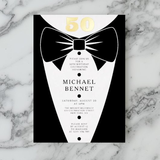 Elegant Black Tuxedo 50th Birthday Gold Folieneinladung