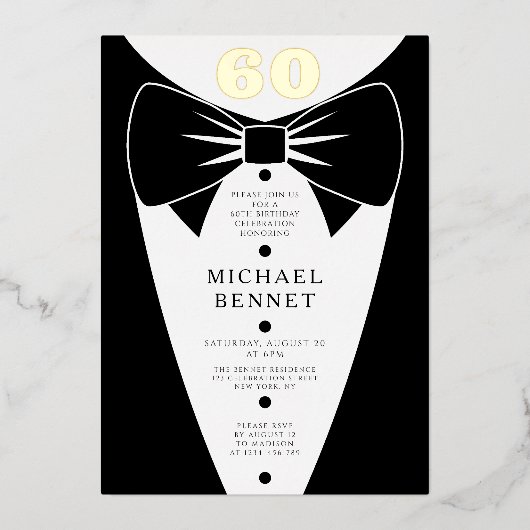 Elegant Black Tuxedo 60th Birthday Gold Folieneinladung (Vorderseite)