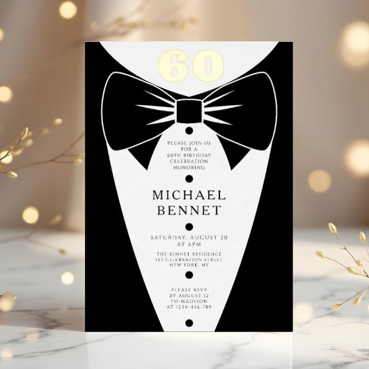 Elegant Black Tuxedo 60th Birthday Gold Folieneinladung