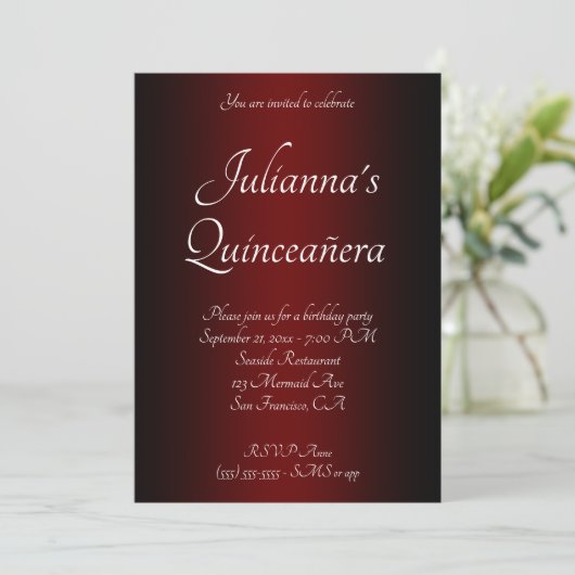 Elegant Black und Burgundy Ombre Quinceañera Einladung (Stehend Vorderseite)