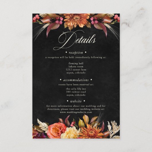 Elegant Black Vibrant Boho Bloral Script Wedding Begleitkarte (Vorderseite)