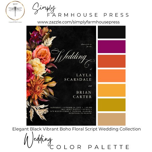 Elegant Black Vibrant Boho Bloral Script Wedding Begleitkarte