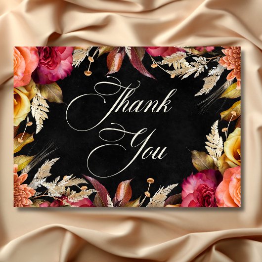 Elegant Black Vibrant Boho Bloral Script Wedding Dankeskarte