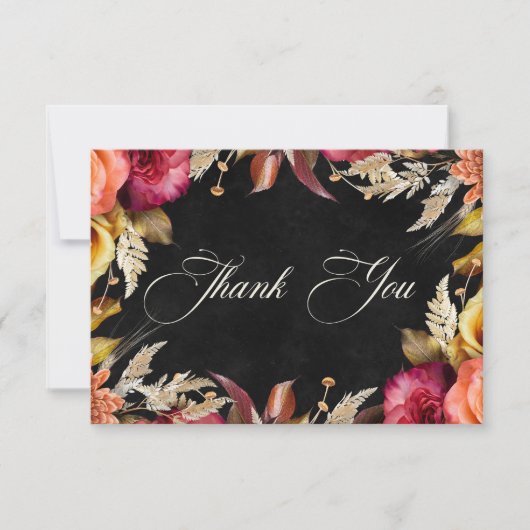 Elegant Black Vibrant Boho Bloral Script Wedding Dankeskarte (Vorderseite)