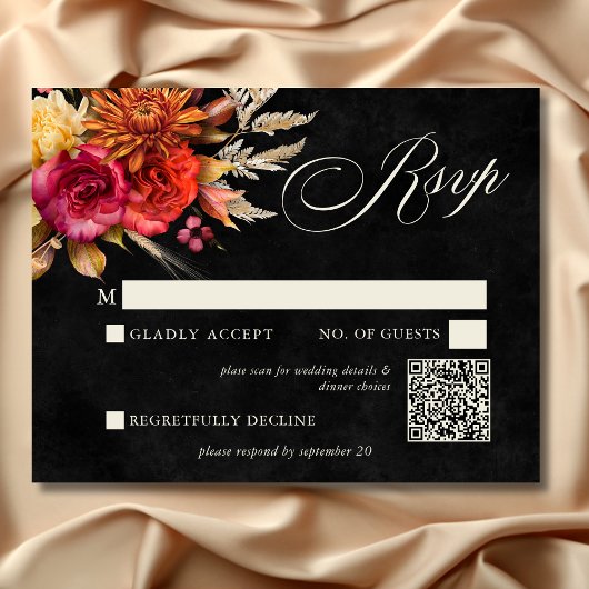 Elegant Black Vibrant Boho Bloral Script Wedding RSVP Karte