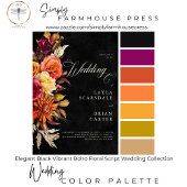 Elegant Black Vibrant Boho Bloral Script Wedding RSVP Karte