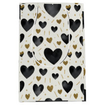 Elegant Black Watercolor & Gold Glitter Heart Patt