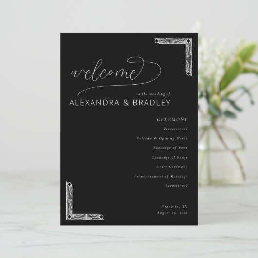Elegant Black Wedding Ceremony Program Programm (Stehend Vorderseite)