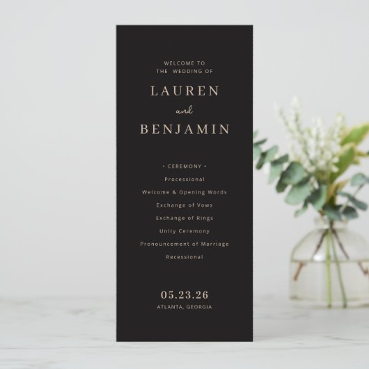 Elegant Black Wedding Ceremony Programm (Stehend Vorderseite)