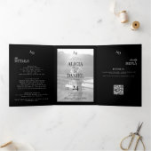 Elegant black wedding photo RSVP QR all in one Dreifach Gefaltete Einladung (Innenseite)