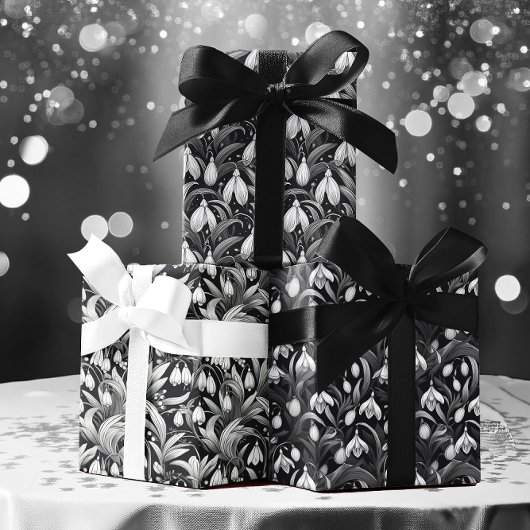 Elegant Black | Weiße Schneeröckchen Blumenmuster Geschenkpapier Set